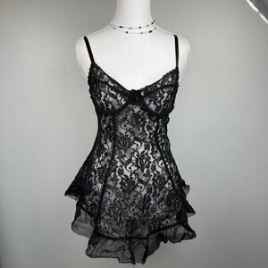 VTG 90s Sheer Lace Lingerie Black Floral Babydoll Ruffle Gothic Coquette Medium